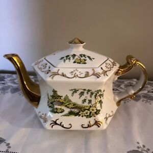 Antique Gold and White, Green Teapot with Floral Design from 1700’s.